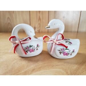 Vintage Porcelain Swan Figurines Set of 2 – Floral Ribbon Accents Small